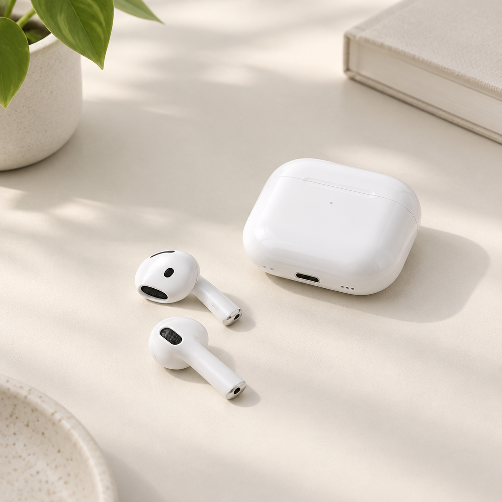 AI-generated illustrative scene of white wireless earbuds and charging case on a desk