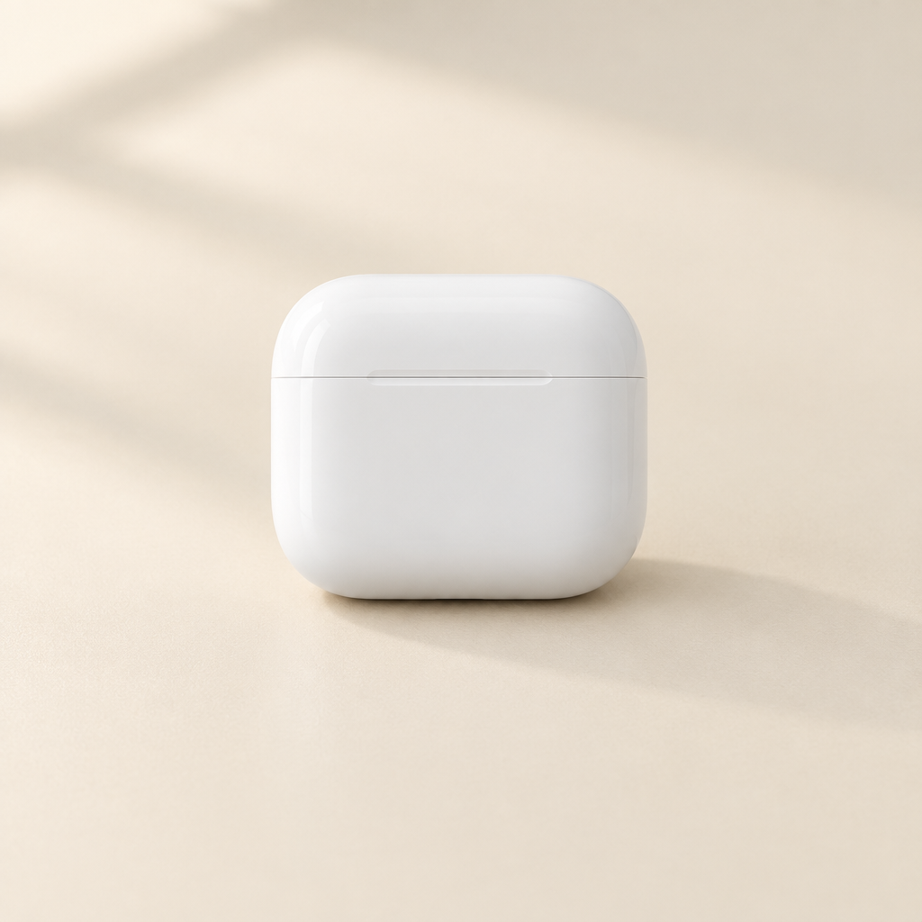 AI-generated illustration of a white charging case on a cream background